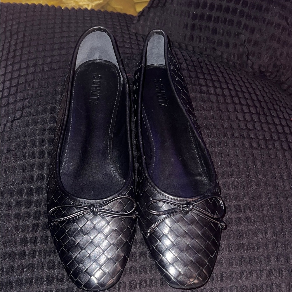 SCHUTZ Black Woven Leather Ballet Flats with Bow